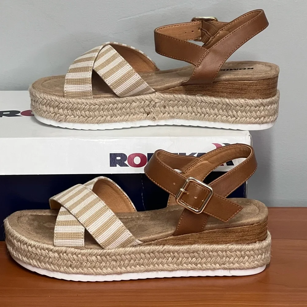 NWT Romika by Josef Seibel Madison Striped Espadrille Sandals Tan Straps